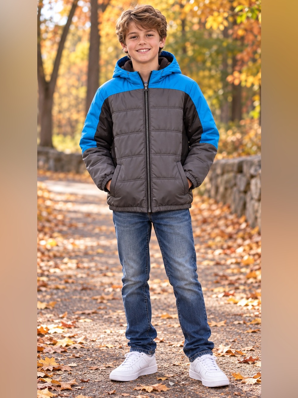 AQ Explore the Unknown Boys Hooded Puffer Jacket Blue Gray XL 14/16